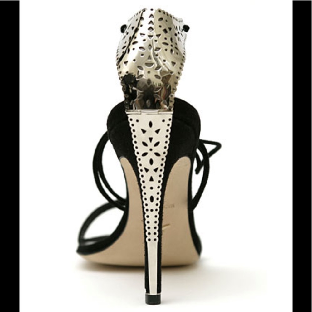 Alexandra Neel Black Suede Vertige Lace Up Sandal with Silver Filigree Heel.